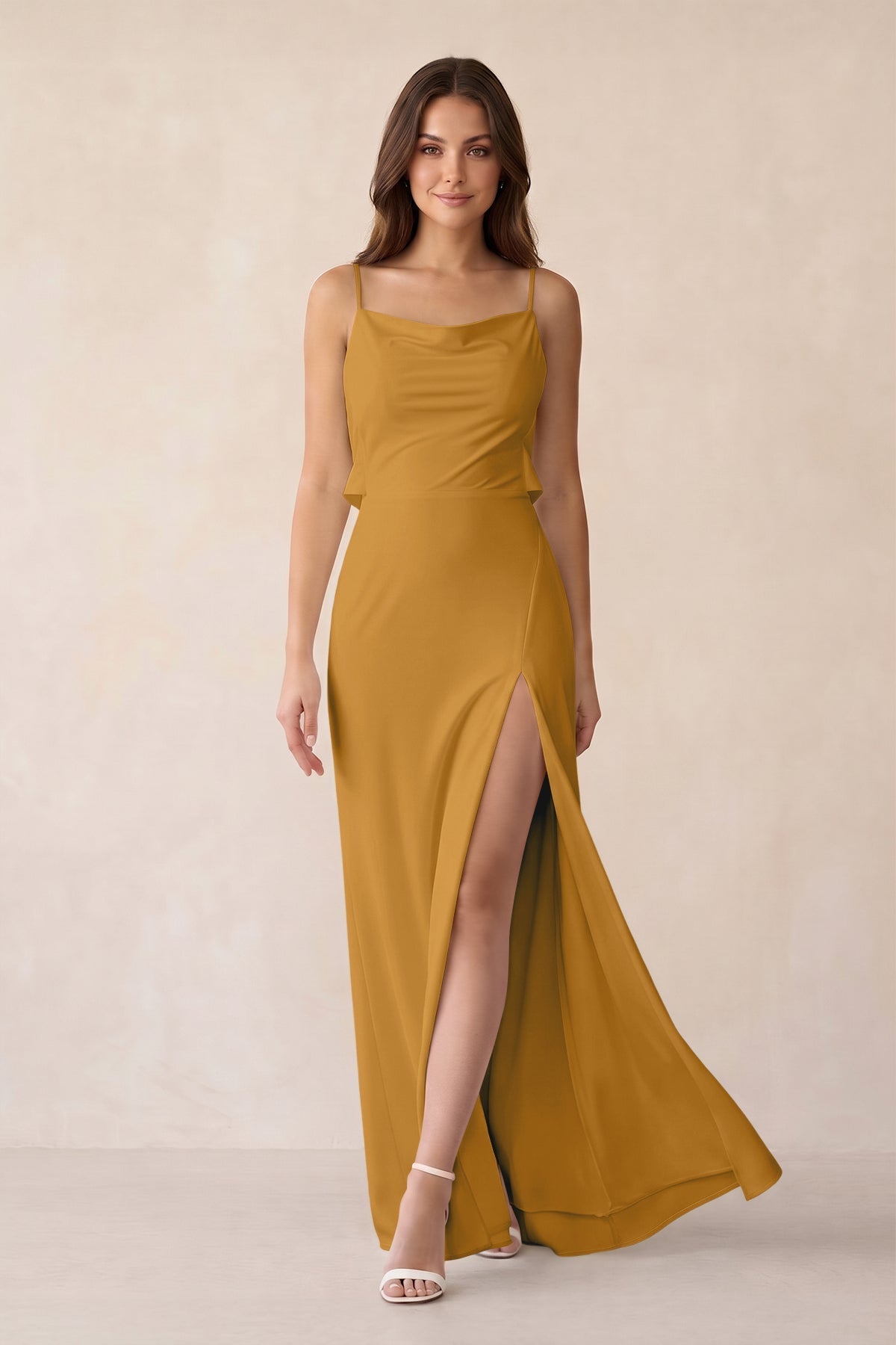 satin marigold bridesmaid dress Sheath with Side Slit in Bridal gowns Size:Child 6-8 Women's Cotton Robe Waffle nav-460 while the side slit