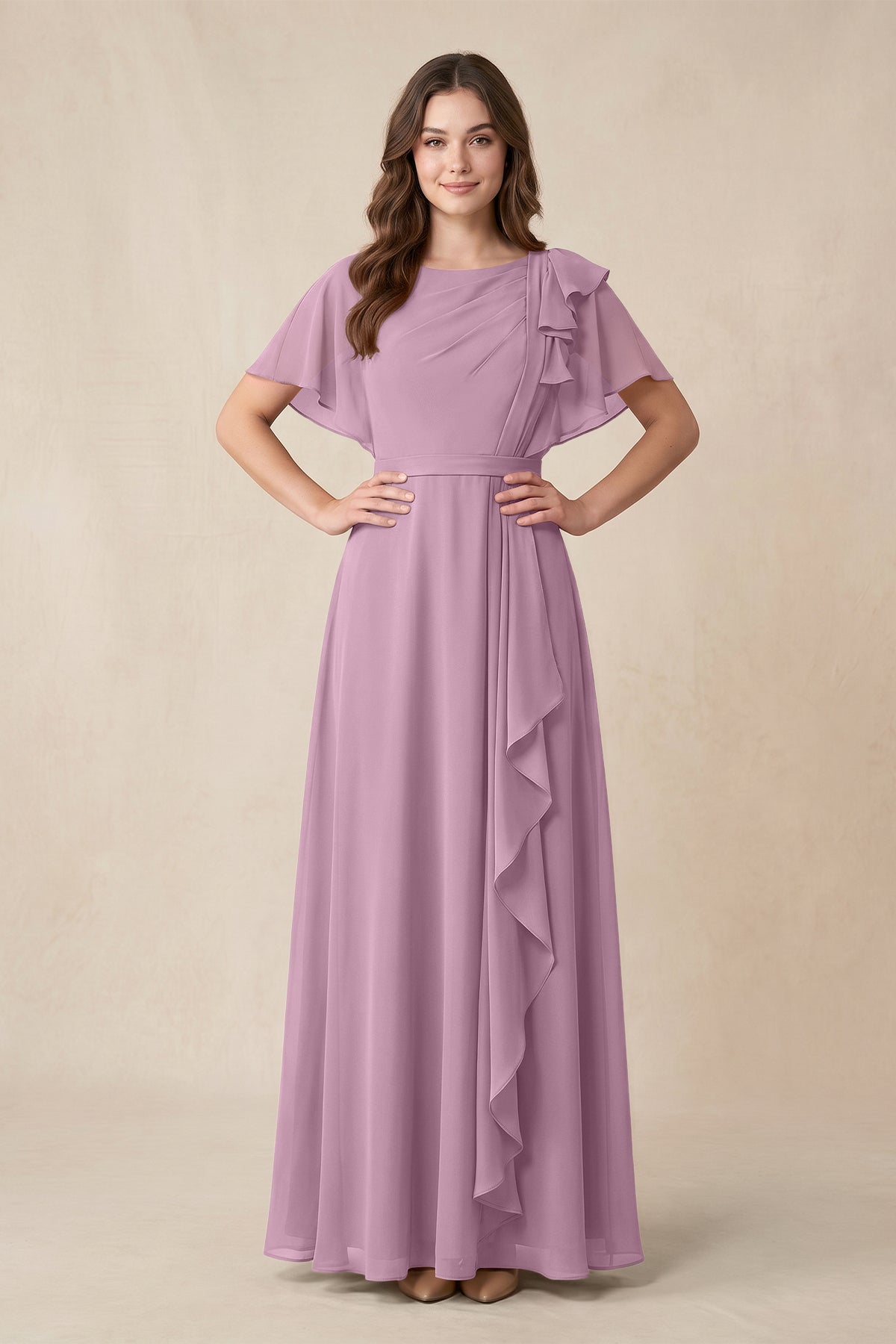 Short Sleeves Bateau A-Line Chiffon Bridesmaid Dress in Wisteria