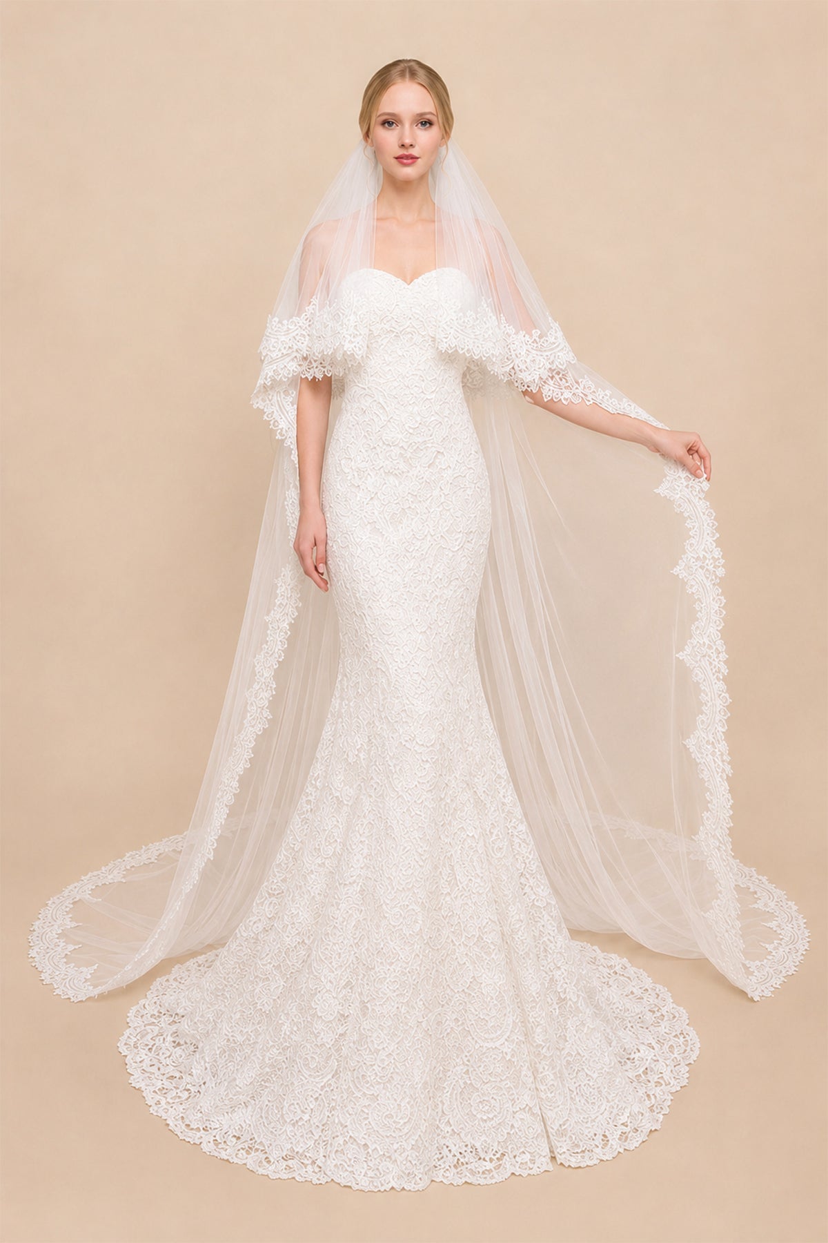 Two Tiers Lace Cathedral Veils in White - KISS BRIDAL Wedding Veils