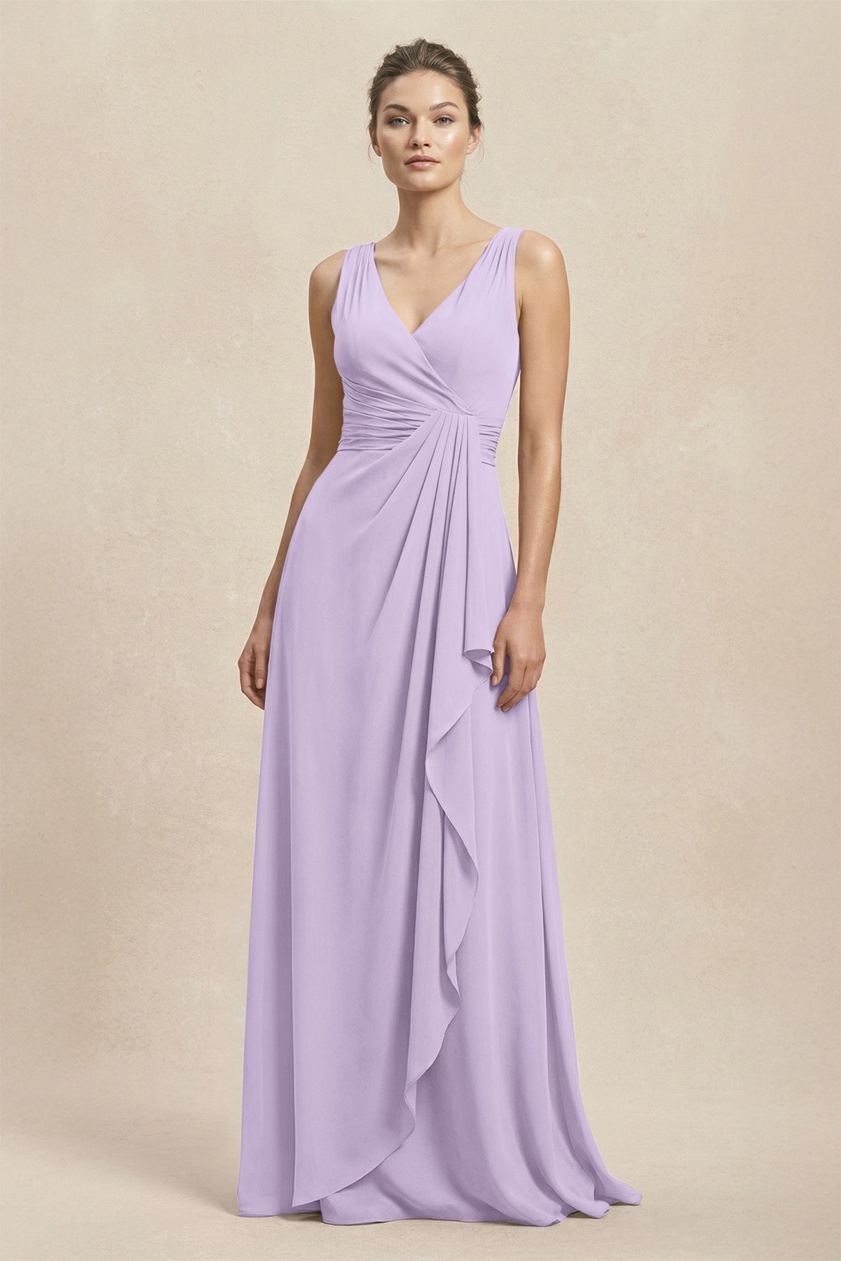 V-Neck Ruffled Ruched Chiffon A-Line Bridesmaid Dress in Lavender
