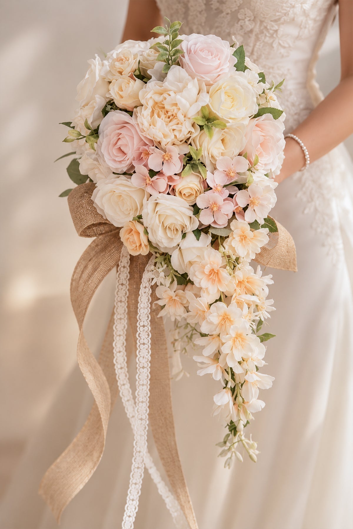 Artificial Rose Peony Cascade Wedding Flower Bouquets - KISS BRIDAL Accessories