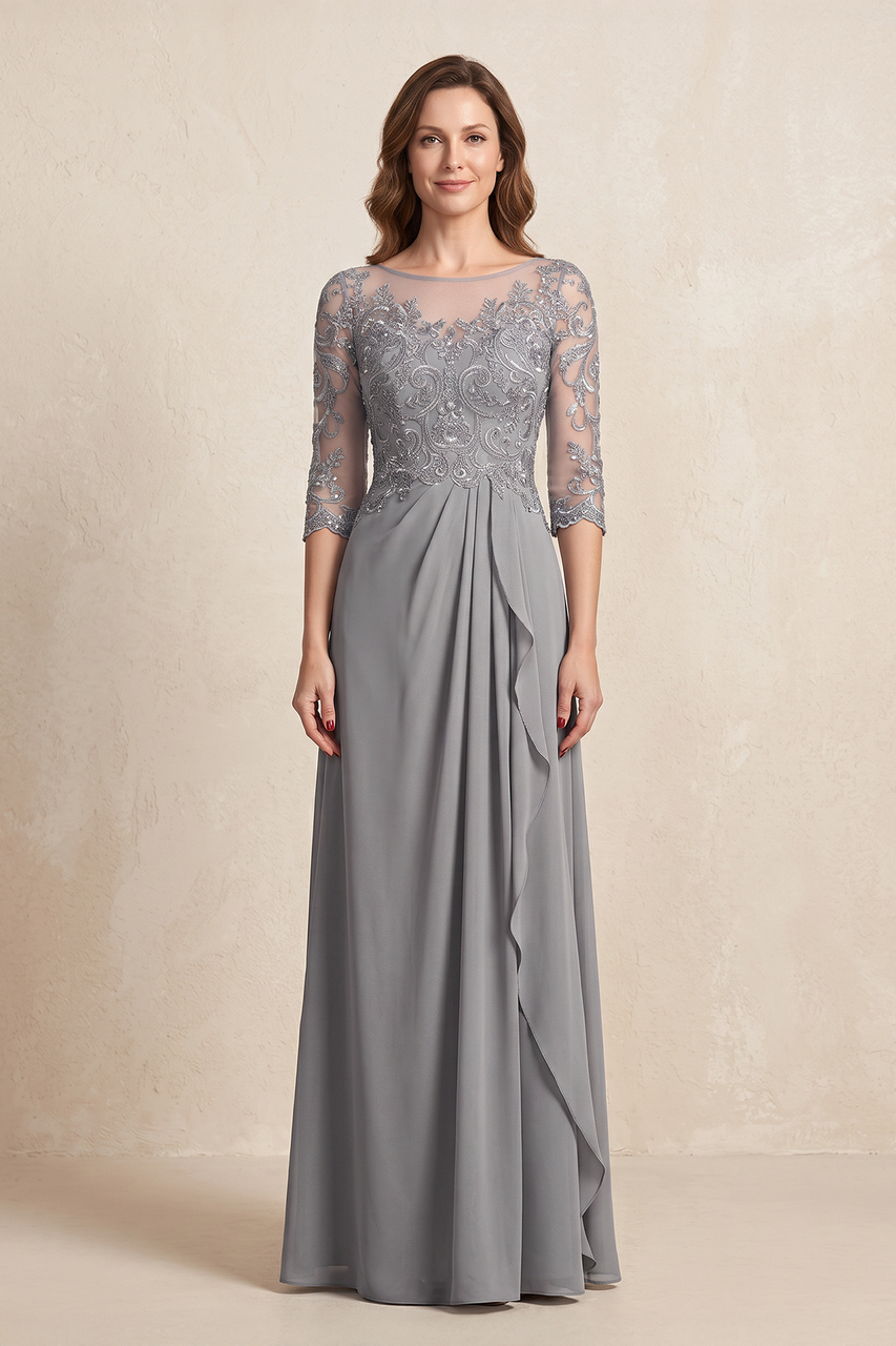 Silver Illusion Neck Sheath Embroidered Chiffon Mother of the Brides Dress with Half Sleeves | KISSBRIDAL