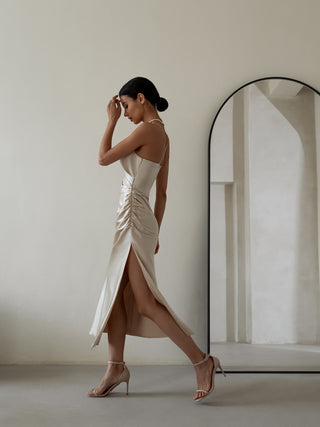 Mermaid  Gold Satin  V Neck Bridesmaid Dresses with Slit