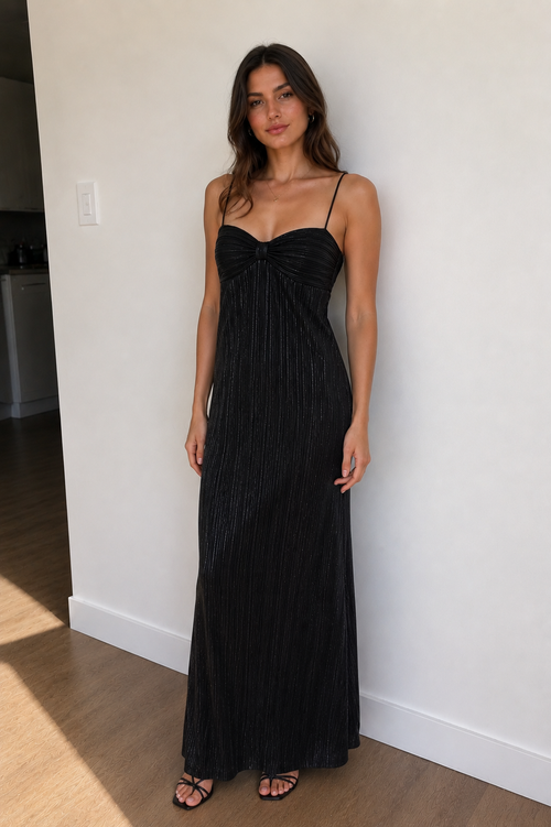Metallic Pleated Maxi Dress in Black