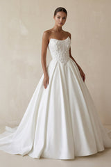 3D Floral Strapless Corset Satin Wedding Gown in White - KISS BRIDAL Wedding Dresses