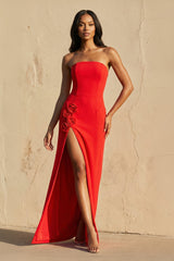 3D Floral Strapless Gown With Slit in Red - KISS BRIDAL