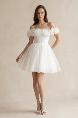 3D - Flower Off - the - Shoulder A - Line Tulle Wedding Dress in Ivory - KISS BRIDAL Wedding Dresses