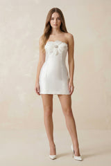 3D - Flower Satin Strapless Sheath Wedding Dress in White - KISS BRIDAL Wedding Dresses