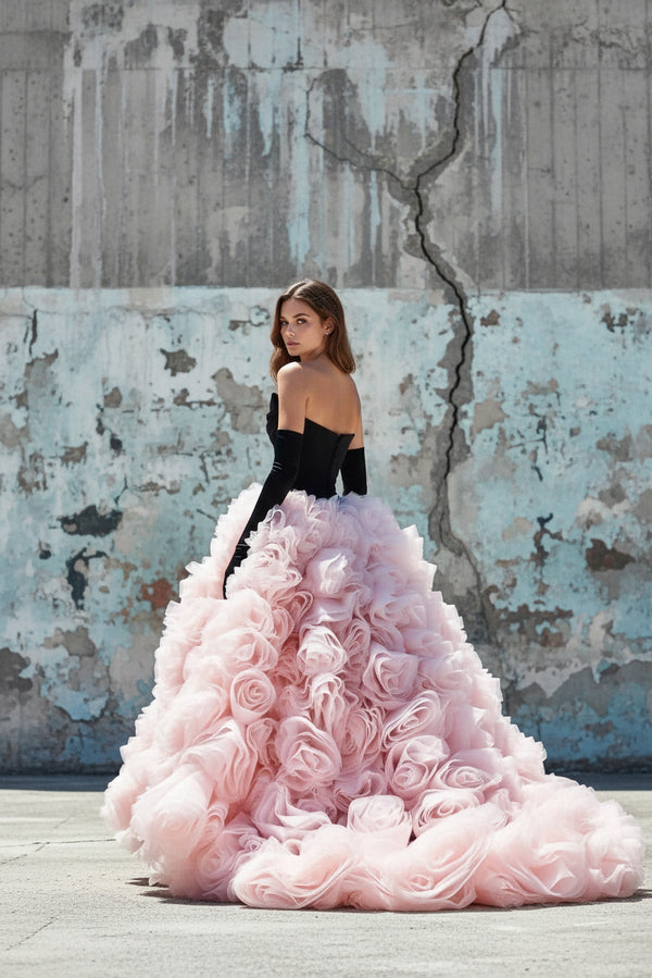 3D Flower Tulle Gown In Black and Pink - SHE IS ME