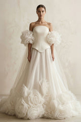 3D - Flower Tulle Strapless A - Line Wedding Dress in Ivory - KISS BRIDAL Wedding Dresses