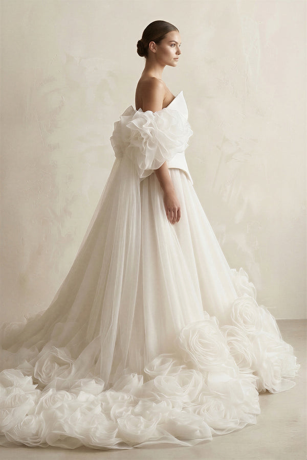 3D - Flower Tulle Strapless A - Line Wedding Dress in Ivory - SHE IS ME Wedding Dresses