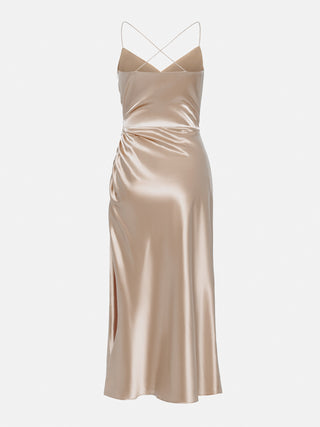 Mermaid  Gold Satin  V Neck Bridesmaid Dresses with Slit