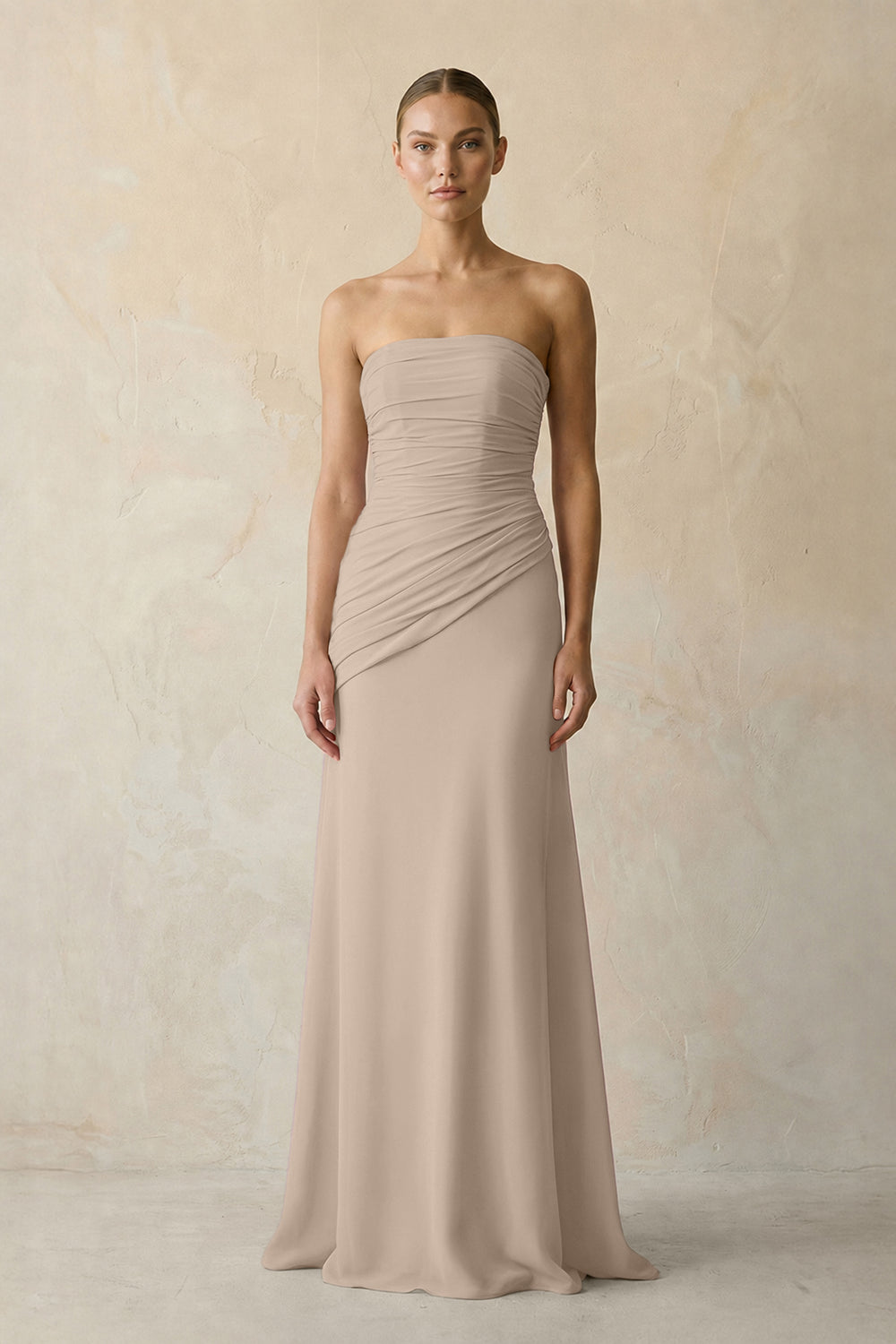 Sheath Chiffon Strapless Pleated Bridesmaid Dress in Almond