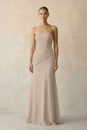 Almond Sheath Chiffon Strapless Pleated Bridesmaid Dress in Matcha - KISS BRIDAL Bridesmaid Dresses