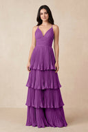Tiered Pleated V - Neck A - Line Chiffon Bridesmaid Dress in Amethyst - KISS BRIDAL Bridesmaid Dresses