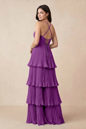 Tiered Pleated V - Neck A - Line Chiffon Bridesmaid Dress in Amethyst - KISS BRIDAL Bridesmaid Dresses