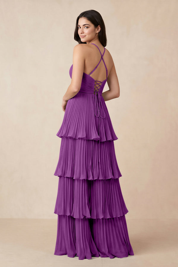 Tiered Pleated V - Neck A - Line Chiffon Bridesmaid Dress in Amethyst - KISS BRIDAL Bridesmaid Dresses