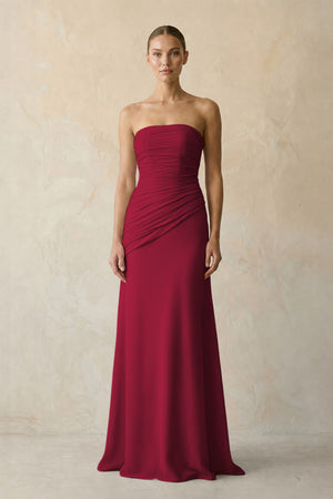 Berry Sheath Chiffon Strapless Pleated Bridesmaid Dress in Frost - KISS BRIDAL Bridesmaid Dresses