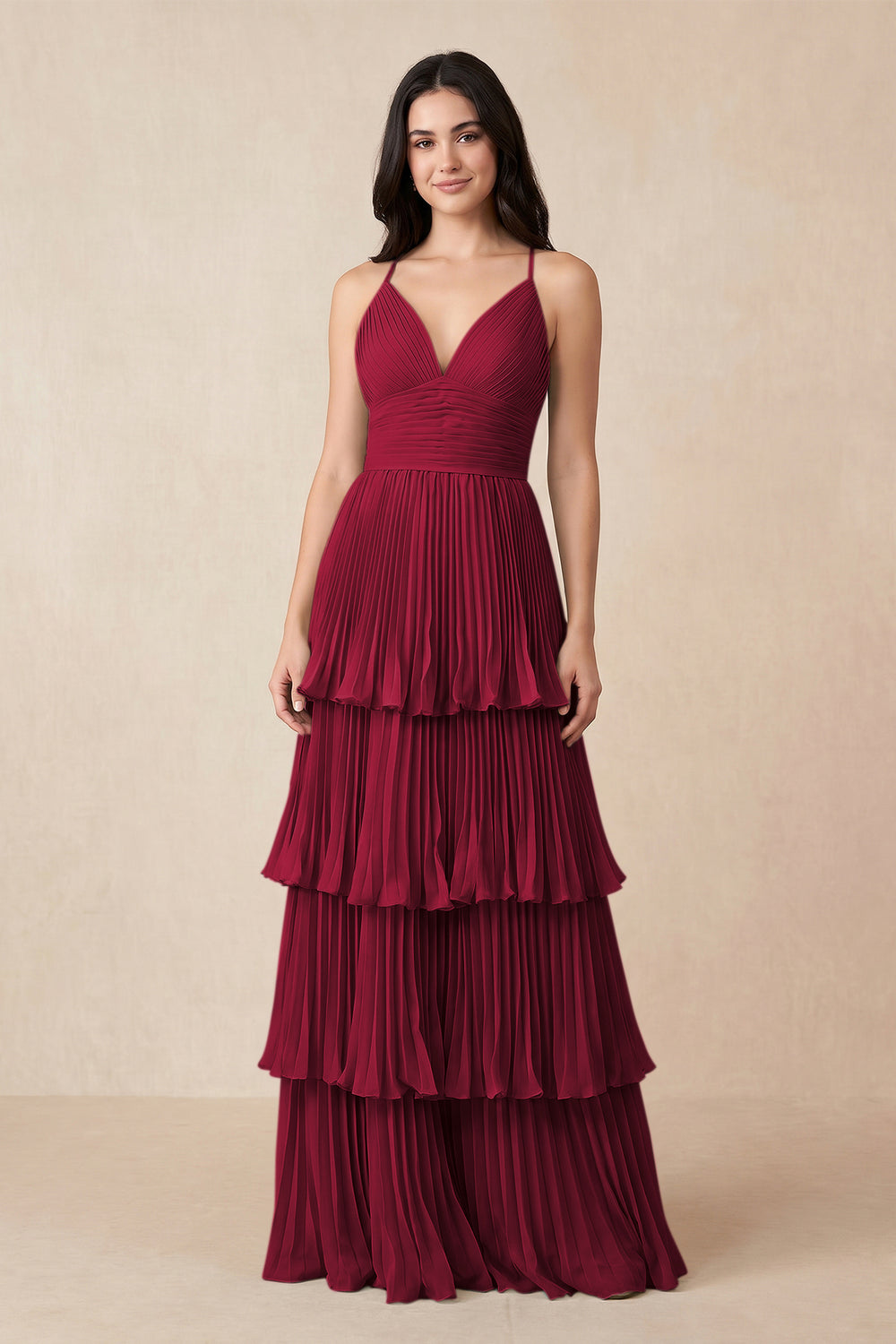 Tiered Pleated V-Neck A-Line Chiffon Bridesmaid Dress in Berry