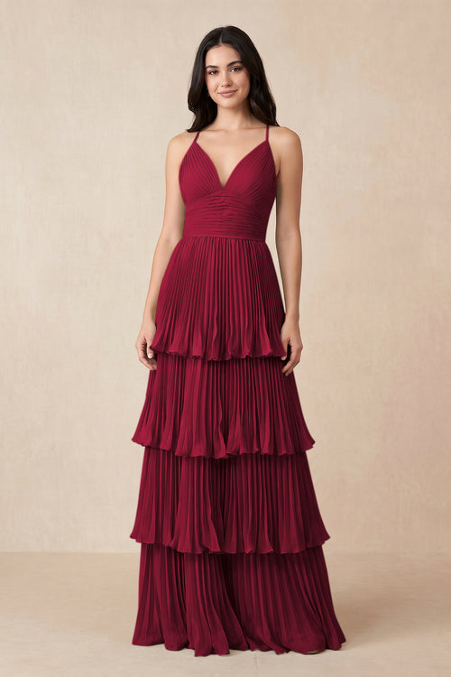 Tiered Pleated V - Neck A - Line Chiffon Bridesmaid Dress in Berry- KISS BRIDAL Bridesmaid Dresses