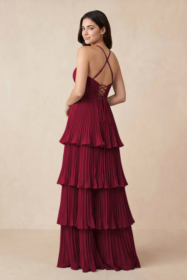Tiered Pleated V - Neck A - Line Chiffon Bridesmaid Dress in Berry- KISS BRIDAL Bridesmaid Dresses