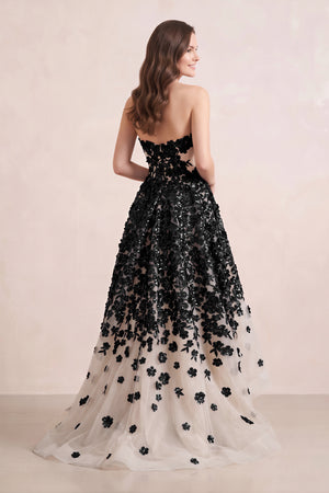 Black and Nude Appliqued Tulle A-Line V-neck Wedding Dress - KISSBRIDAL