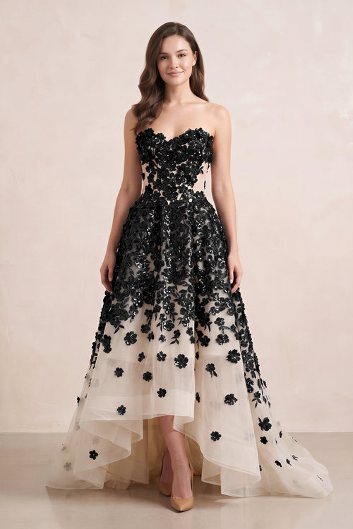 Black and Nude Appliqued Tulle A-Line V-neck Wedding Dress - KISSBRIDAL