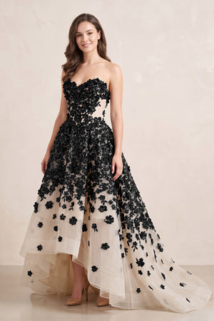 Black and Nude Appliqued Tulle A-Line V-neck Wedding Dress - KISSBRIDAL