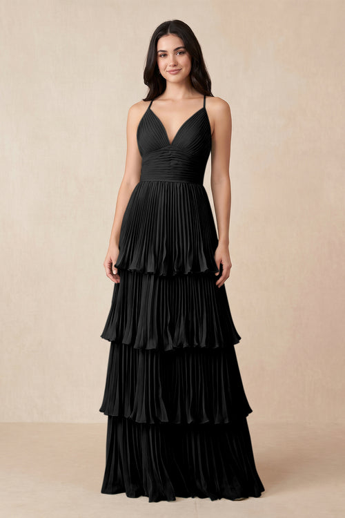 Tiered Pleated V - Neck A - Line Chiffon Bridesmaid Dress in Black - KISS BRIDAL Bridesmaid Dresses