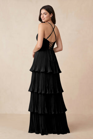 Tiered Pleated V - Neck A - Line Chiffon Bridesmaid Dress in Black - KISS BRIDAL Bridesmaid Dresses