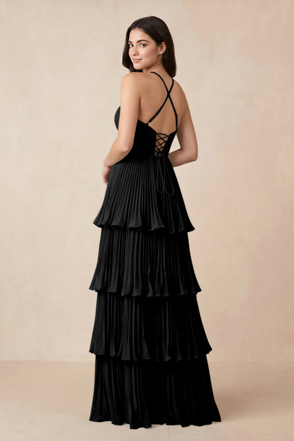Tiered Pleated V - Neck A - Line Chiffon Bridesmaid Dress in Black - KISS BRIDAL Bridesmaid Dresses