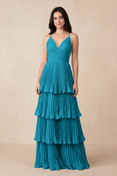 Tiered Pleated V - Neck A - Line Chiffon Bridesmaid Dress in Blue Jay - KISS BRIDAL Bridesmaid Dresses