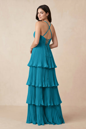 Tiered Pleated V - Neck A - Line Chiffon Bridesmaid Dress in Blue Jay - KISS BRIDAL Bridesmaid Dresses