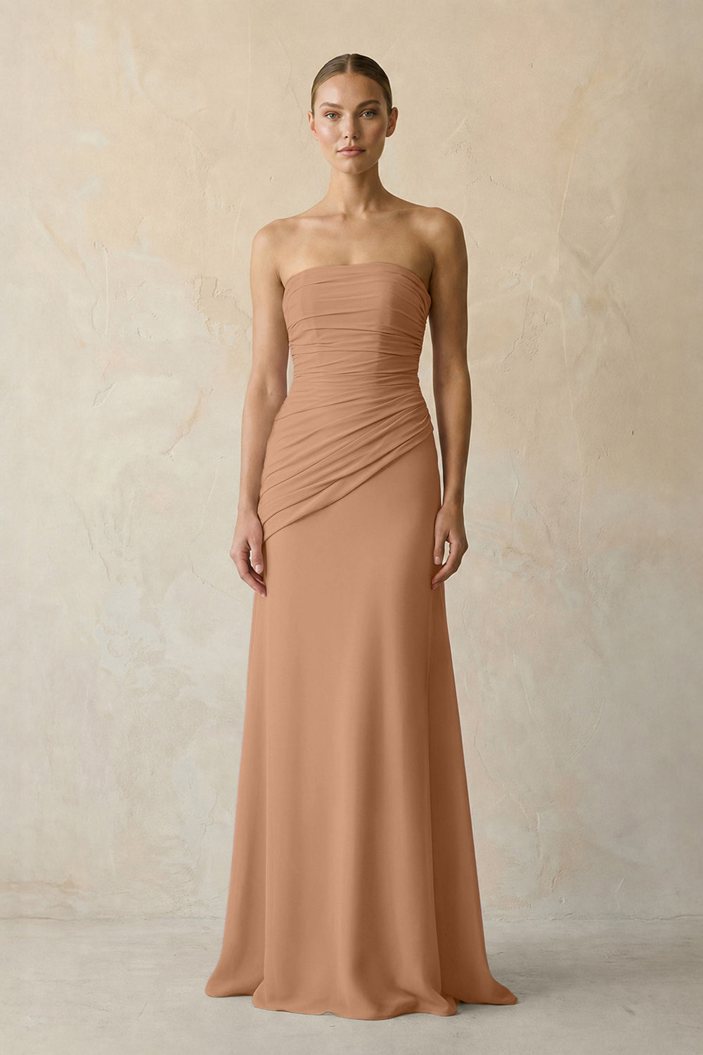 Sheath Chiffon Strapless Pleated Bridesmaid Dress in Bronzer