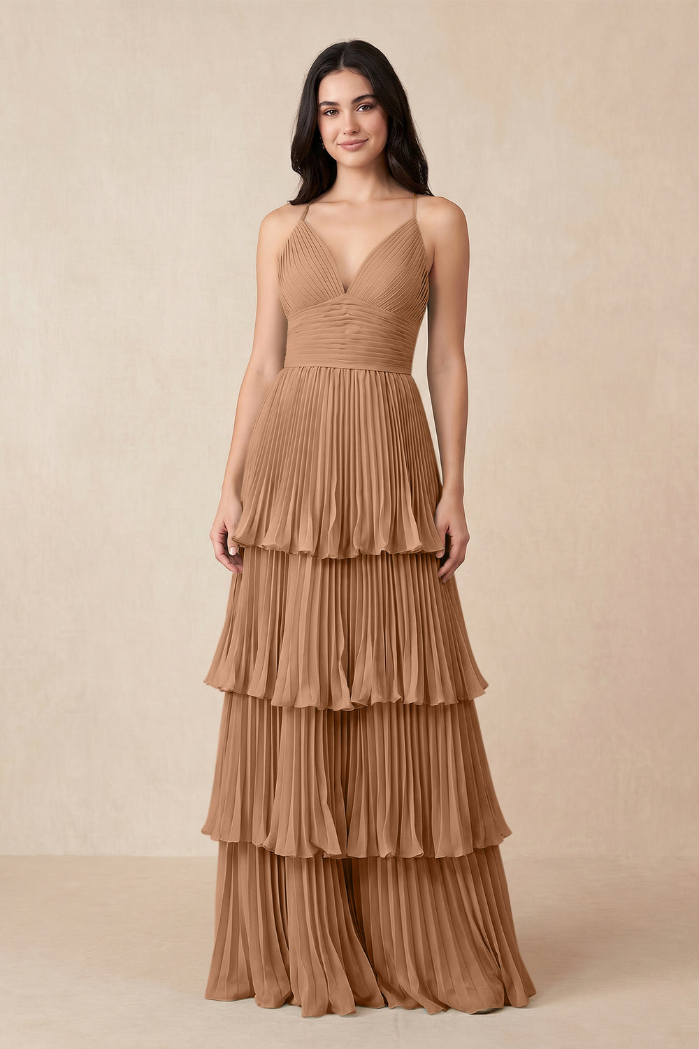 Tiered Pleated V-Neck A-Line Chiffon Bridesmaid Dress in Bronzer