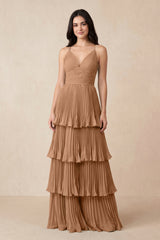 Tiered Pleated V - Neck A - Line Chiffon Bridesmaid Dress in Bronzer - KISS BRIDAL Bridesmaid Dresses