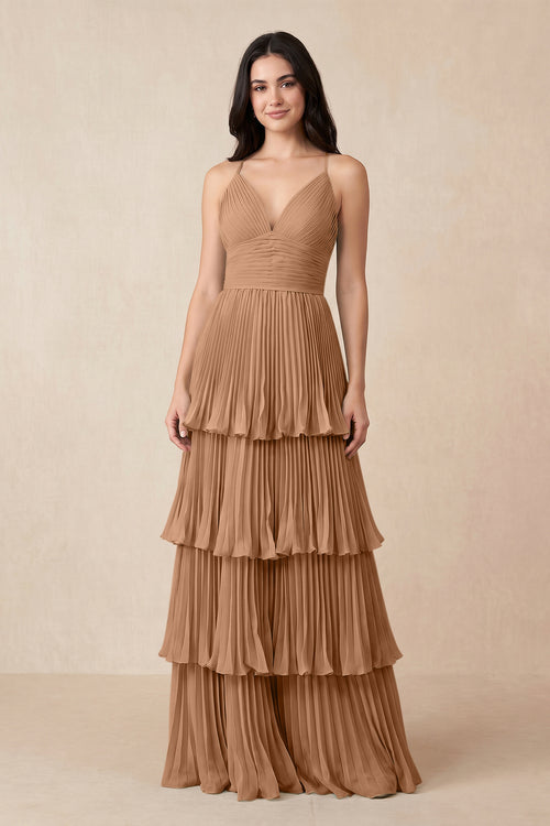 Tiered Pleated V - Neck A - Line Chiffon Bridesmaid Dress in Bronzer - KISS BRIDAL Bridesmaid Dresses