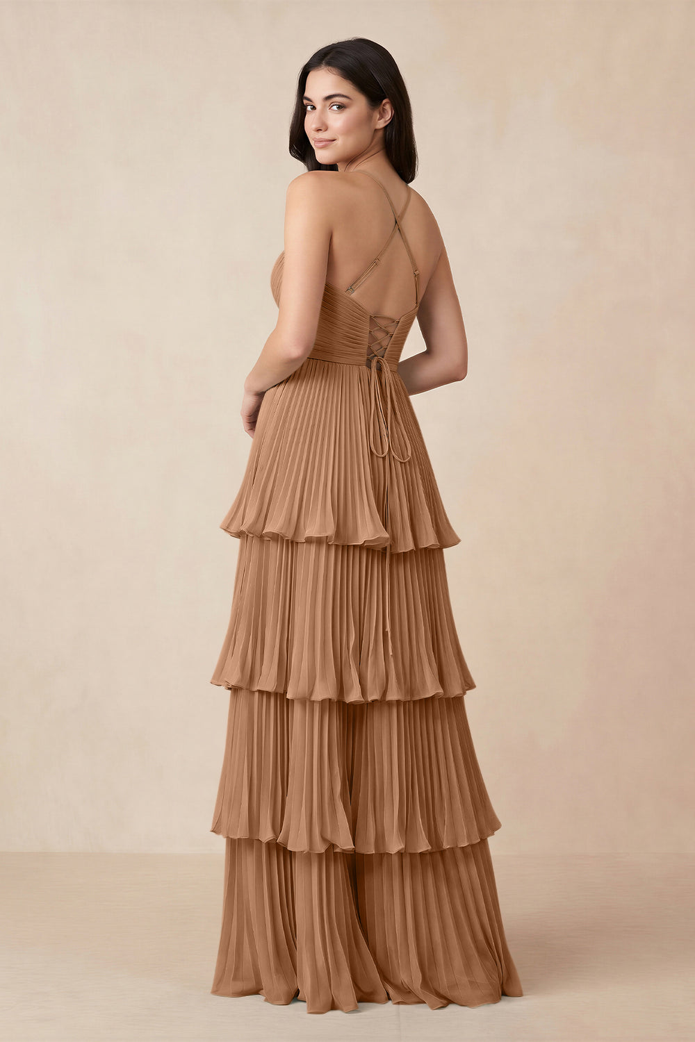 Tiered Pleated V-Neck A-Line Chiffon Bridesmaid Dress in Bronzer