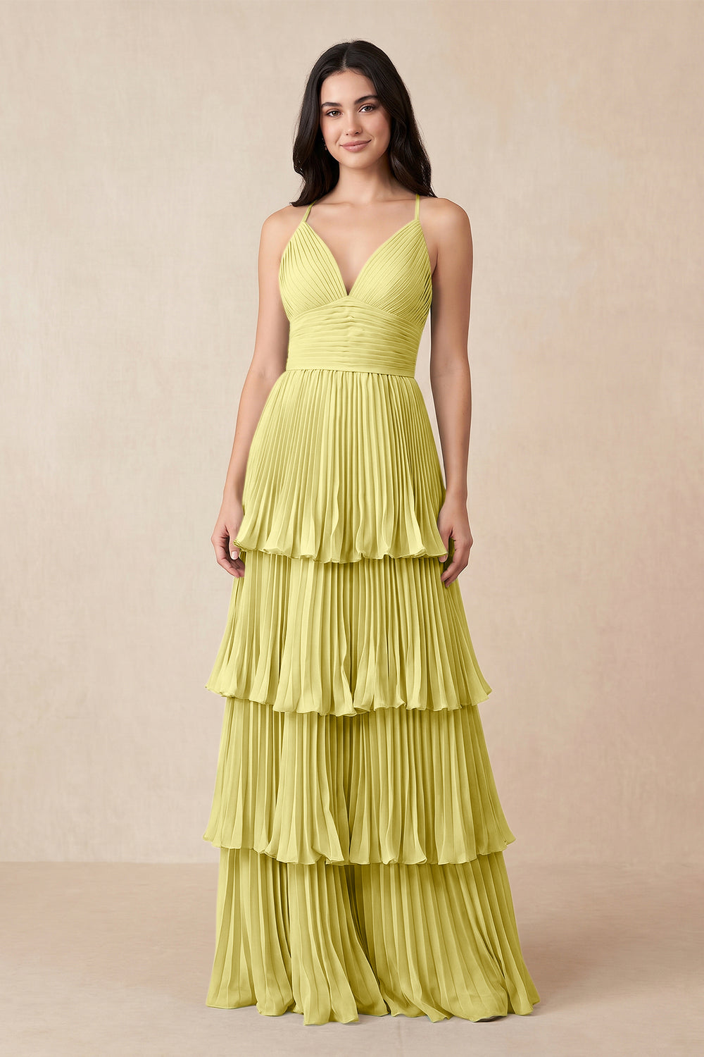 Tiered Pleated V-Neck A-Line Chiffon Bridesmaid Dress in Buttercup