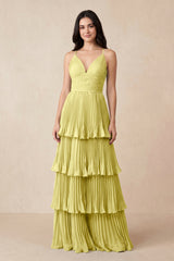 Tiered Pleated V - Neck A - Line Chiffon Bridesmaid Dress in Buttercup - KISS BRIDAL Bridesmaid Dresses
