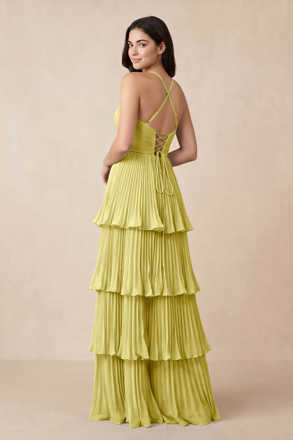 Tiered Pleated V-Neck A-Line Chiffon Bridesmaid Dress in Buttercup