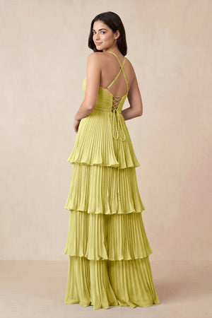 Tiered Pleated V - Neck A - Line Chiffon Bridesmaid Dress in Buttercup - KISS BRIDAL Bridesmaid Dresses