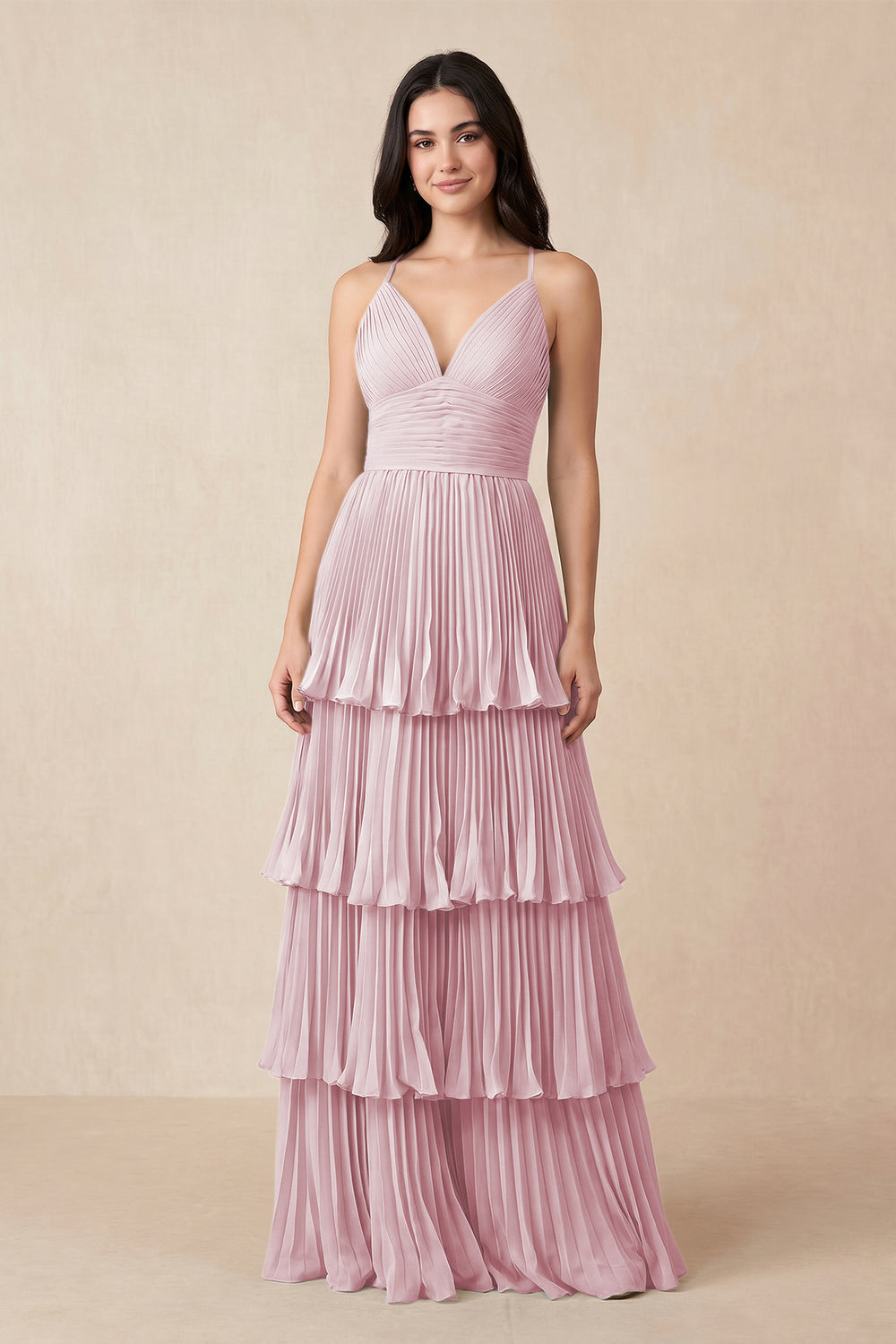 Tiered Pleated V-Neck A-Line Chiffon Bridesmaid Dress in Candy Pink