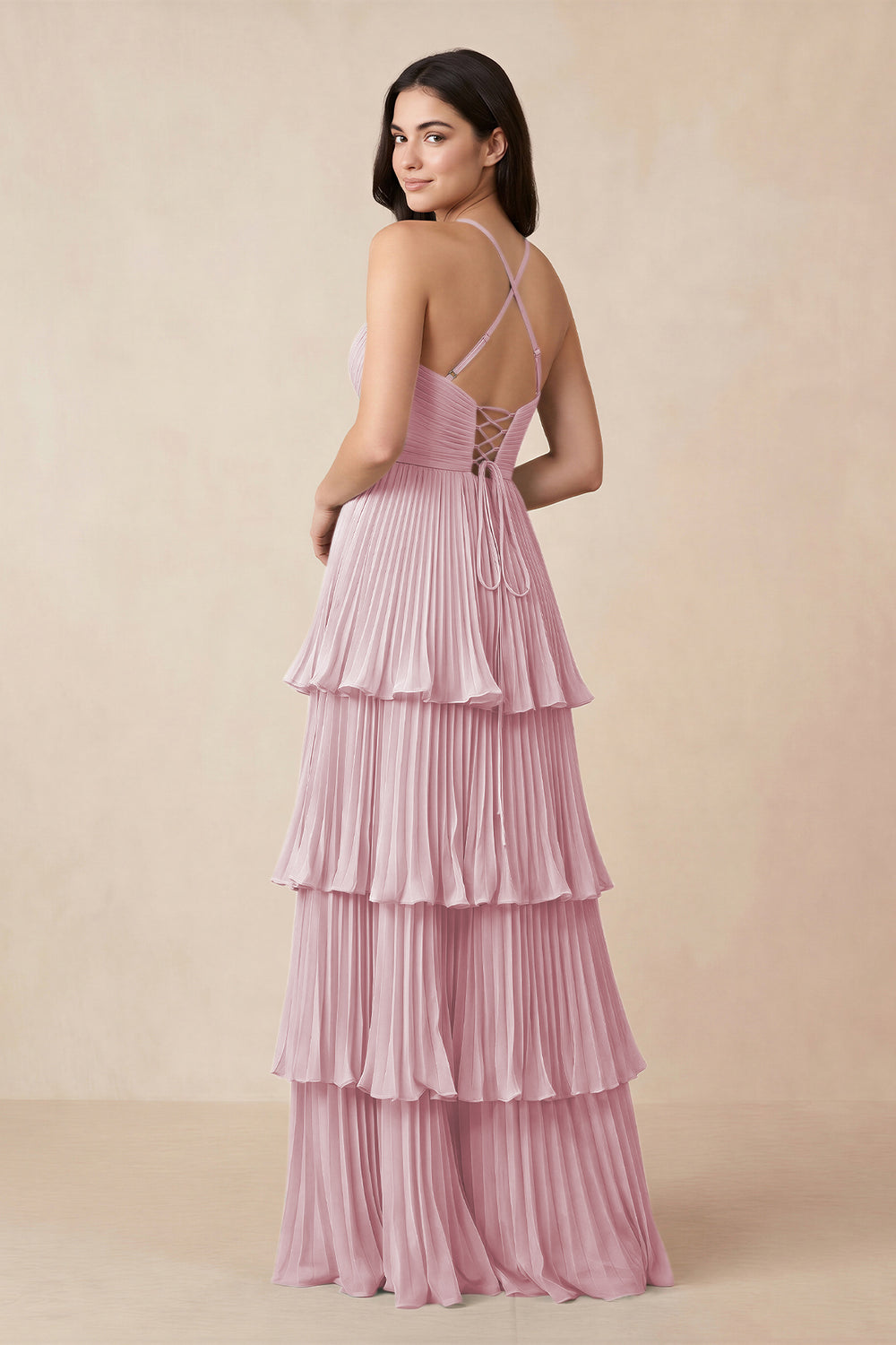 Tiered Pleated V-Neck A-Line Chiffon Bridesmaid Dress in Candy Pink