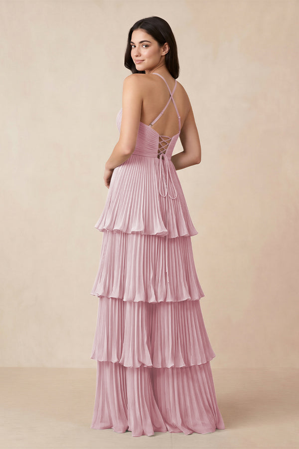 Tiered Pleated V - Neck A - Line Chiffon Bridesmaid Dress in Candy Pink - KISS BRIDAL Bridesmaid Dresses