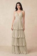 Tiered Pleated V - Neck A - Line Chiffon Bridesmaid Dress in Champagne - KISS BRIDAL Bridesmaid Dresses