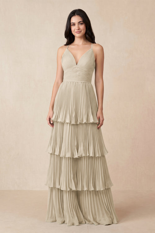 Tiered Pleated V - Neck A - Line Chiffon Bridesmaid Dress in Champagne - KISS BRIDAL Bridesmaid Dresses