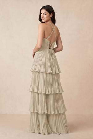 Tiered Pleated V - Neck A - Line Chiffon Bridesmaid Dress in Champagne - KISS BRIDAL Bridesmaid Dresses