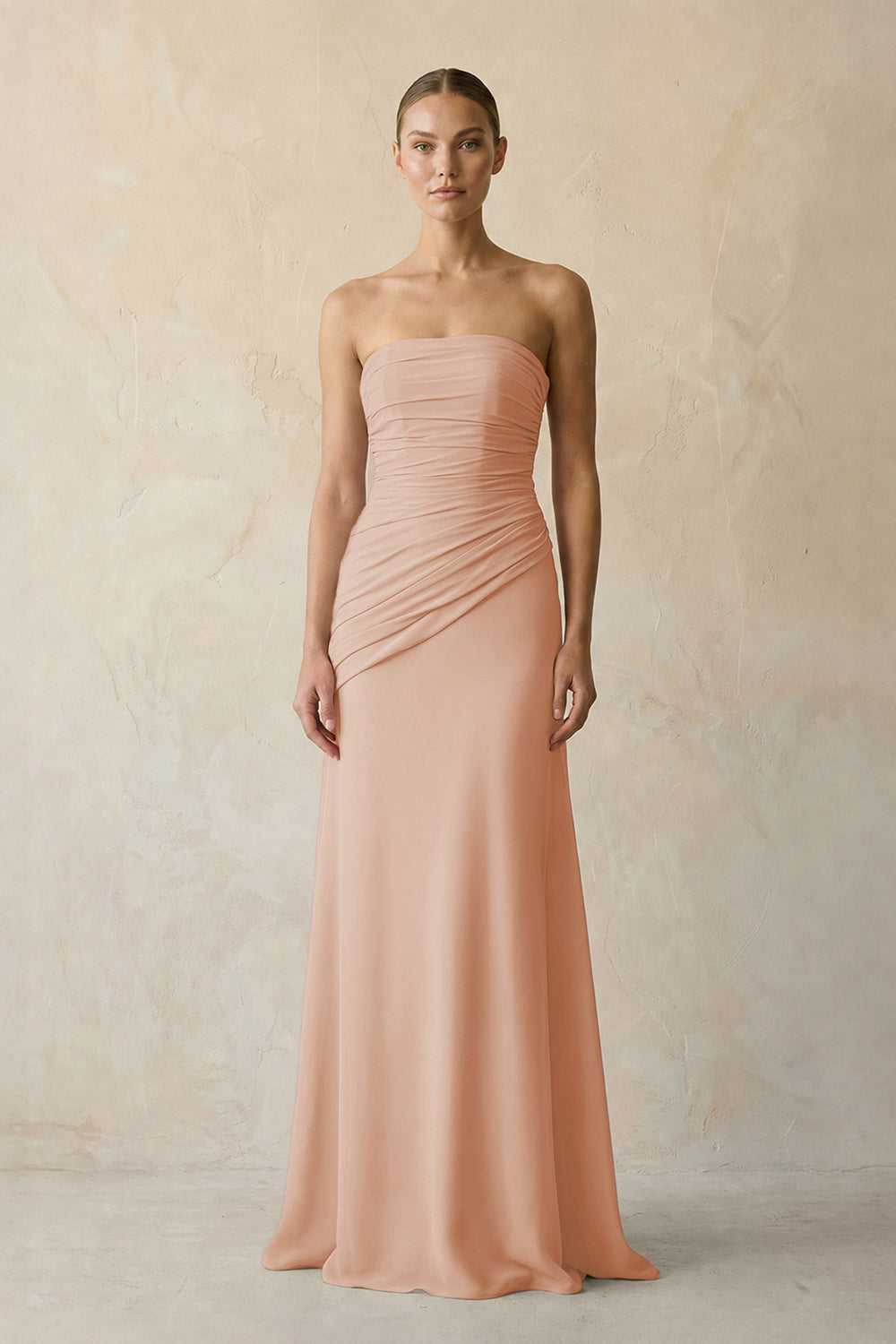 Sheath Chiffon Strapless Pleated Bridesmaid Dress in Champagne Rose