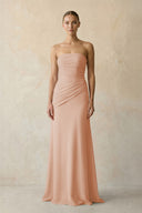 Champagne Rose Sheath Chiffon Strapless Pleated Bridesmaid Dress in Matcha - KISS BRIDAL Bridesmaid Dresses